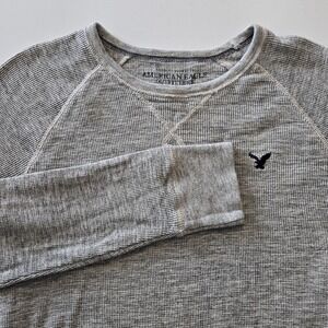 American Eagle Sweater Mens Medium‎ Gray Waffle Knit Pullover Long Sleeve Logo